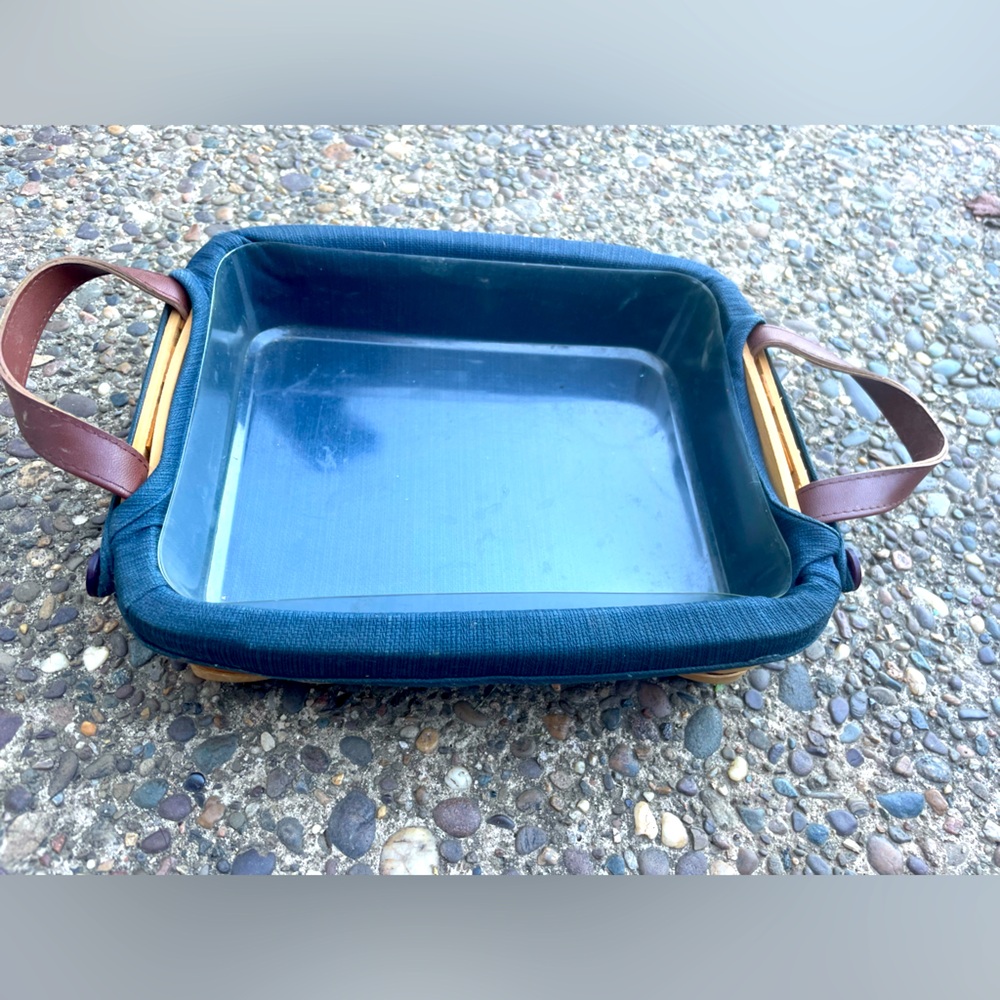 TASKETS RENAISSANCE Serving BASKET w Blue Cloth Fabric and Leather Handles